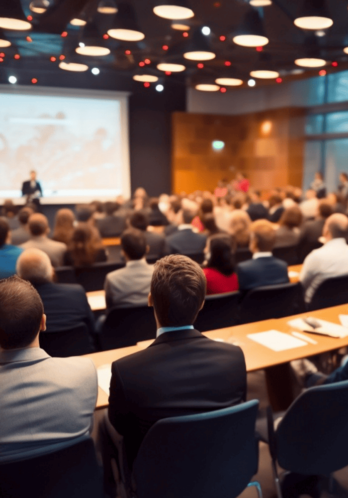 Conferencia con público atento en una sala moderna.